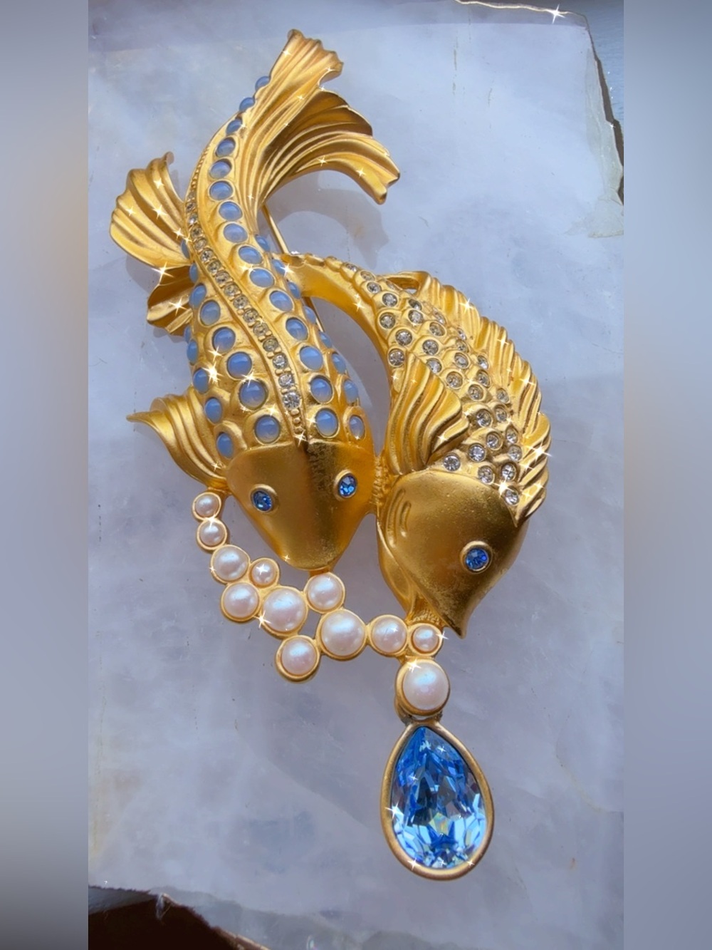 Vintage Elizabeth Taylor for Avon Koi Fish Brooch | Faux Pearls • Blue Crystals